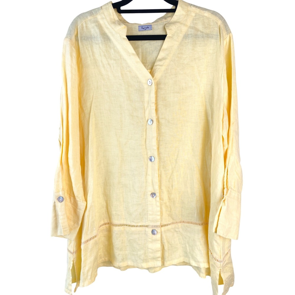 Simple NYC Womens 100% Linen Button Up Shirt L/XL Butter Yellow‎ Coastal Beach